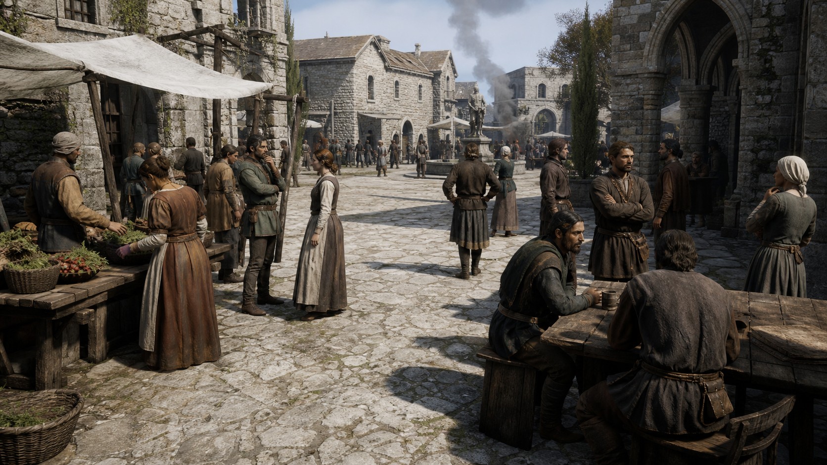 NPCs in a town square showing believable social posture attention and reactions