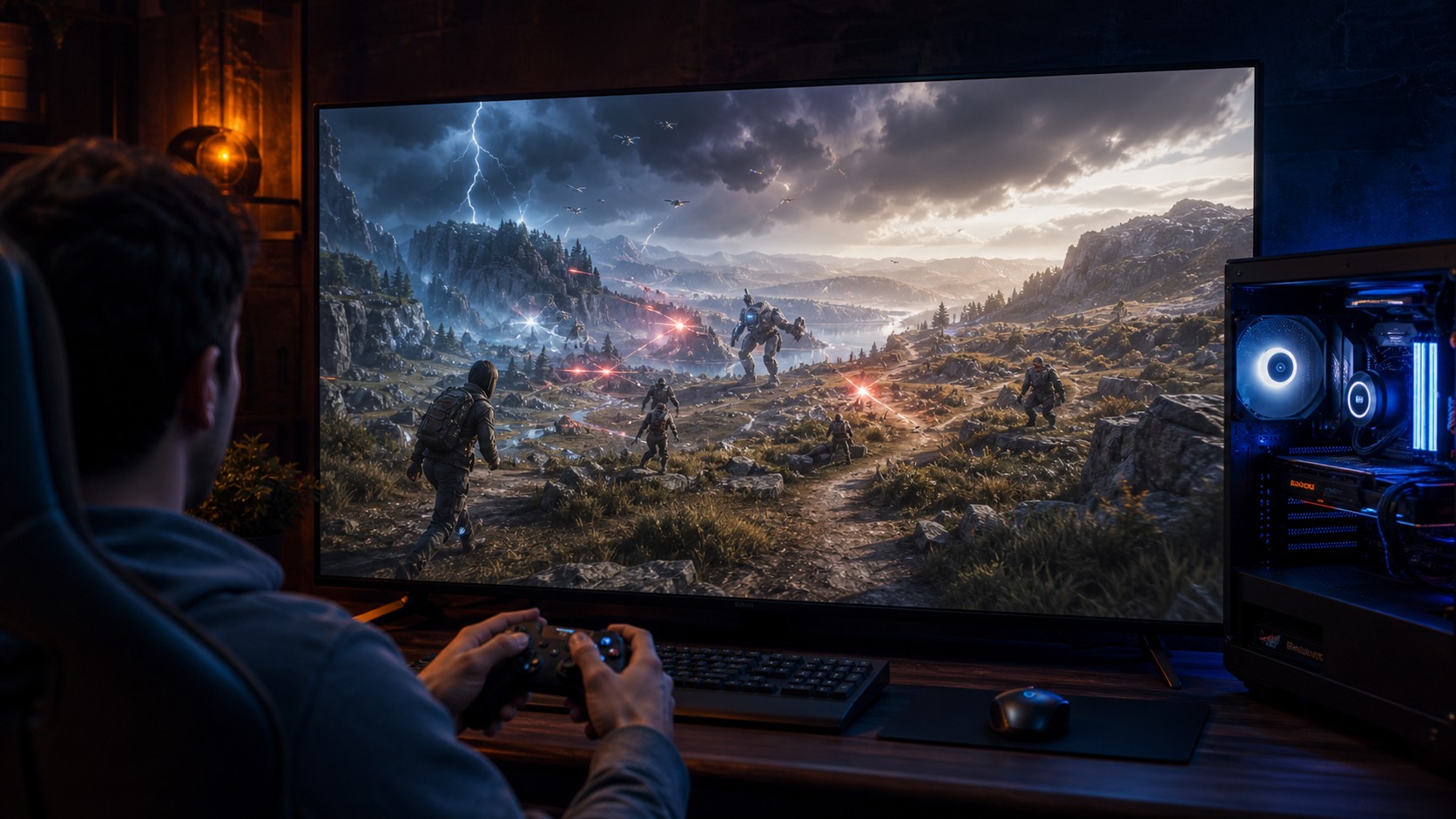 Unbranded modern game scene where terrain enemies and mission routes adapt around player behavior