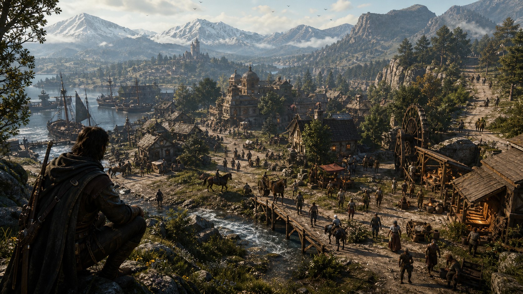 Unbranded open-world town and wilderness where NPCs travel work trade and choose routes independently