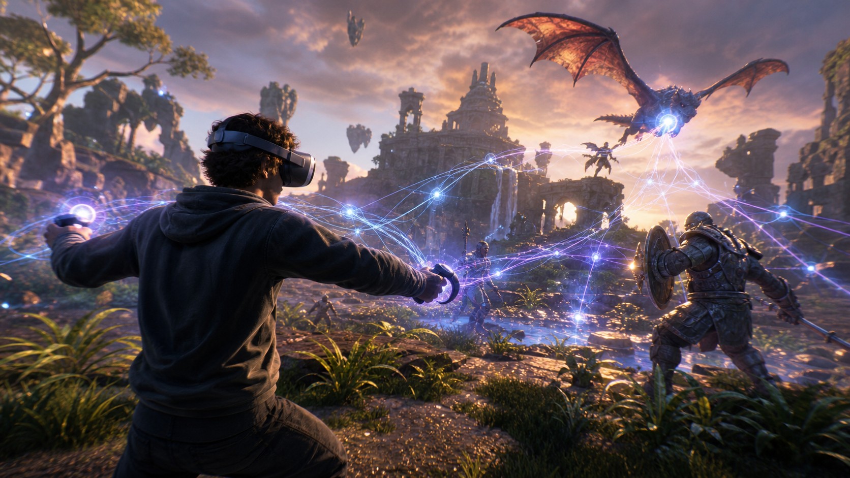 VR player in a game world where characters environments and motion patterns connect through soft energy threads