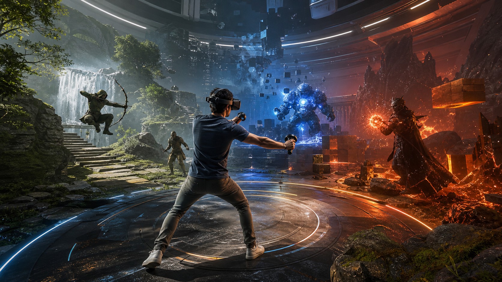 VR player in an adaptive virtual arena where lighting opponents and obstacles respond naturally