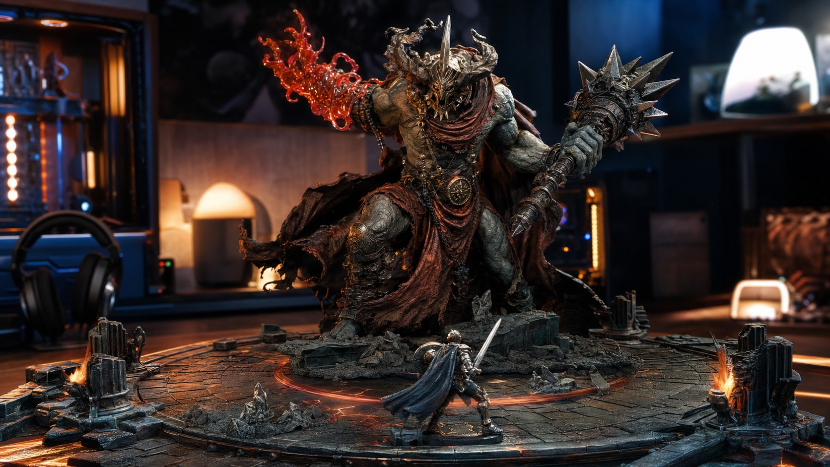 Dramatic PC and console boss battle diorama with adaptive phases and fair openings