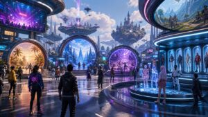 Unbranded connected metaverse gaming hub with portals social spaces creator worlds arenas and avatar areas