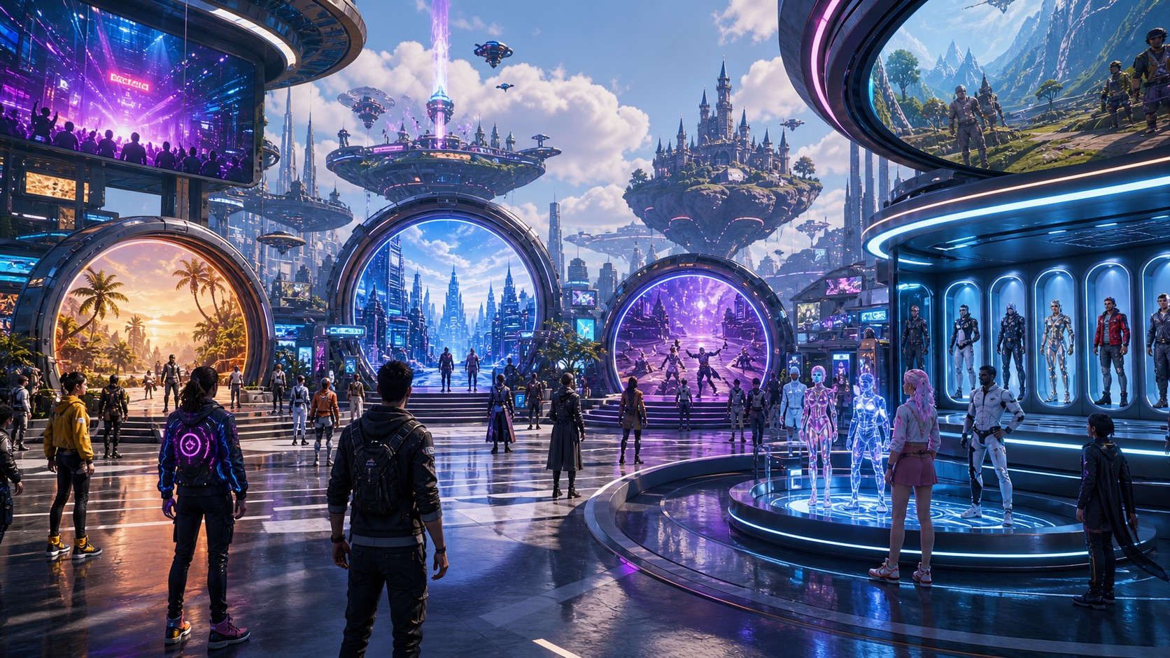 Unbranded connected metaverse gaming hub with portals social spaces creator worlds arenas and avatar areas