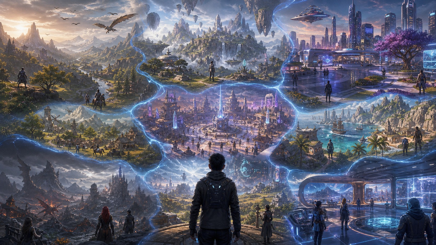 Unbranded panoramic virtual worlds evolving from open-world landscape to persistent social universe