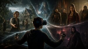 Unbranded VR player inside a narrative scene where characters and environments shift after choices