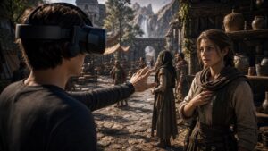 Player in an unbranded VR headset interacting with AI characters that notice gaze movement and personal space