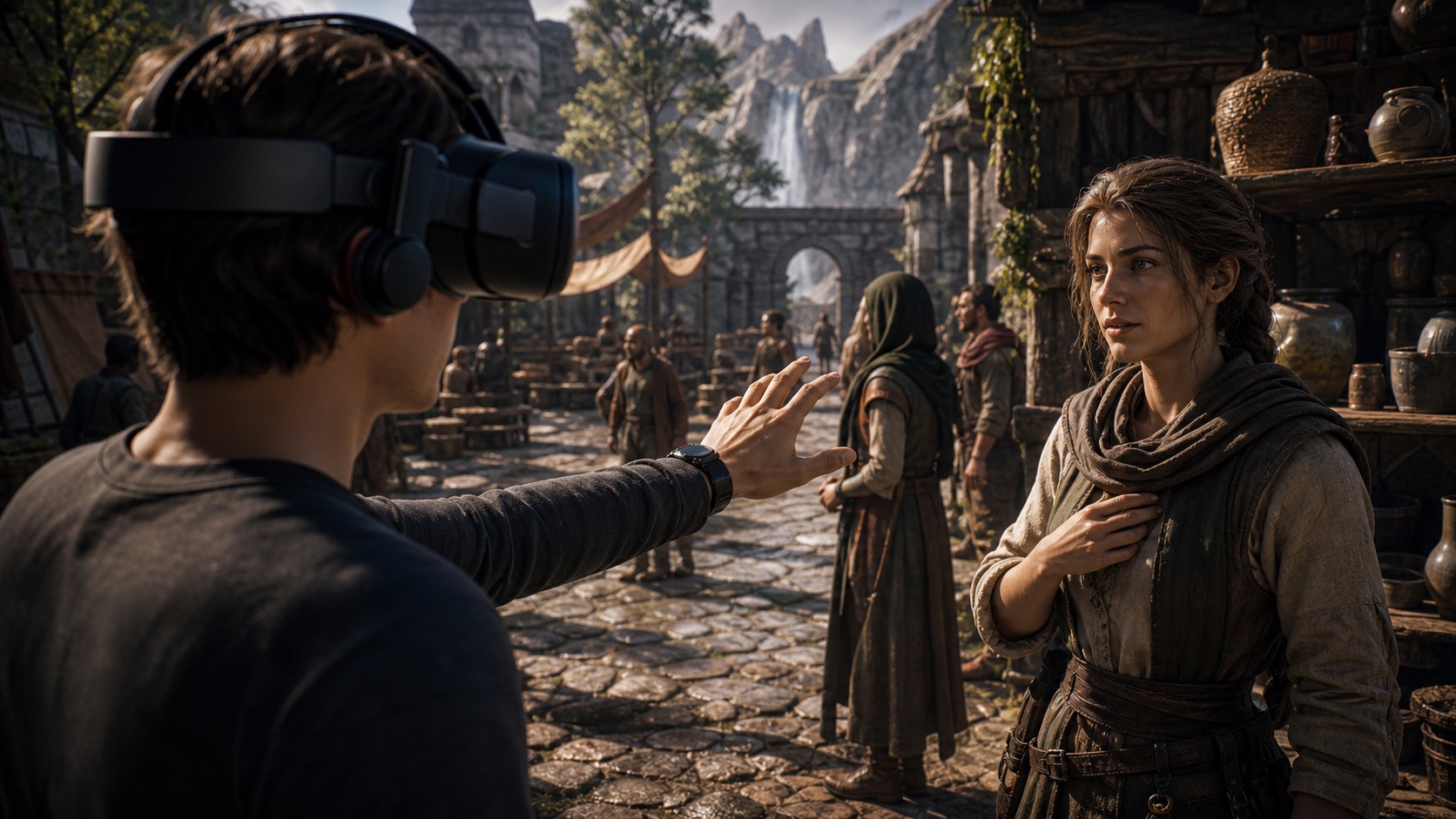 Player in an unbranded VR headset interacting with AI characters that notice gaze movement and personal space