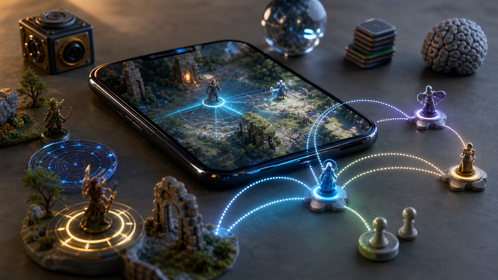 Mobile game scene with miniature characters connected by decision paths and perception signals