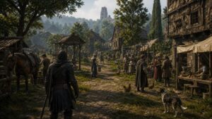Unbranded open-world NPCs continuing jobs conversations and travel while the player is nearby