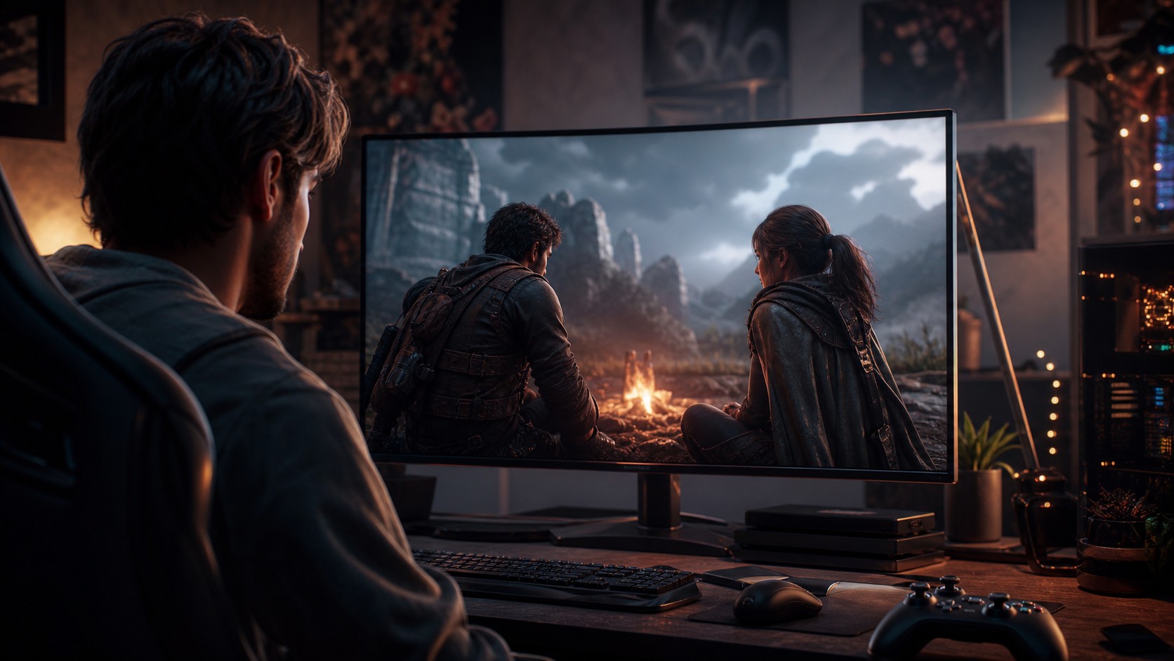PC and console game scene showing a realistic companion beside the player character
