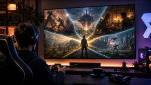Unbranded gaming room showing connected combat story simulation and player choice in one reactive game world