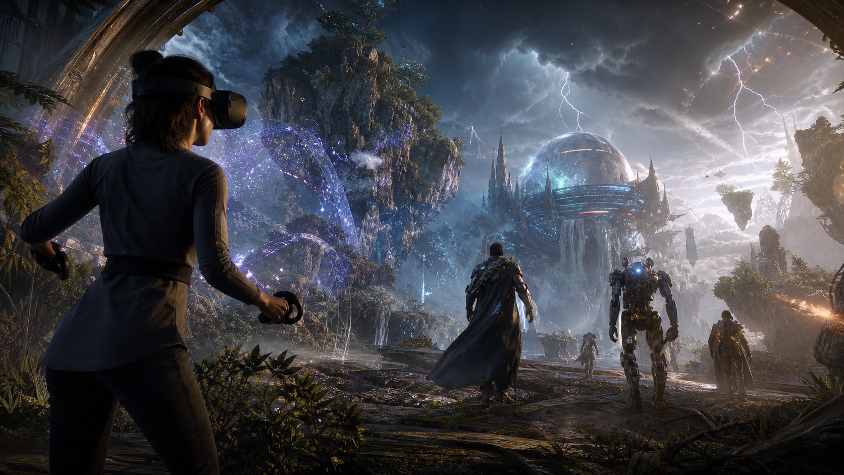 VR player entering a responsive next-generation virtual world with characters physics and weather
