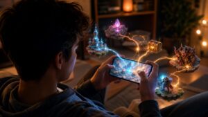 Mobile gamer in a warm room with adaptive game pieces representing changing challenge and rewards