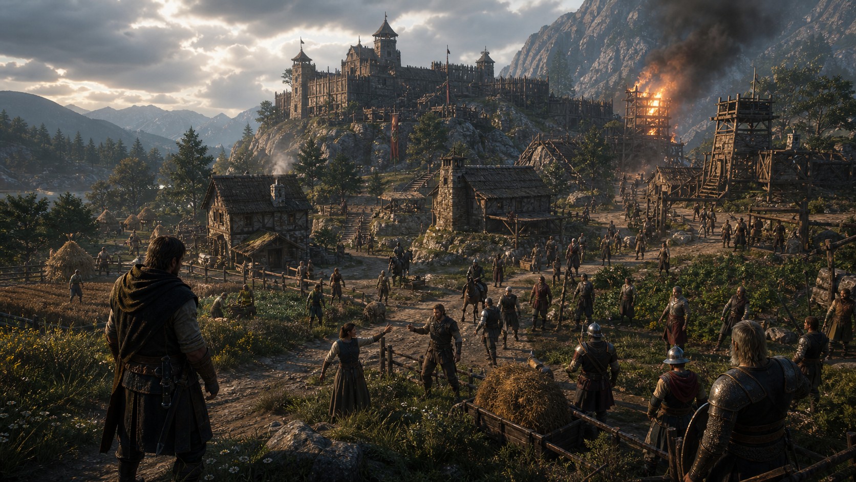 Unbranded open-world settlement where autonomous NPCs defend travel cooperate and argue independently
