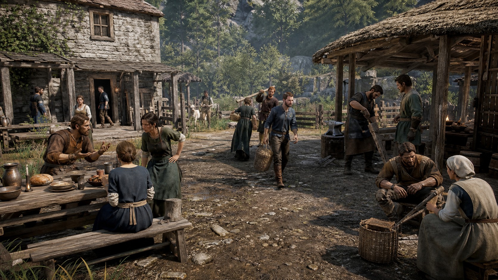 Sandbox village where NPCs cook argue repair rest and carry supplies through natural routines